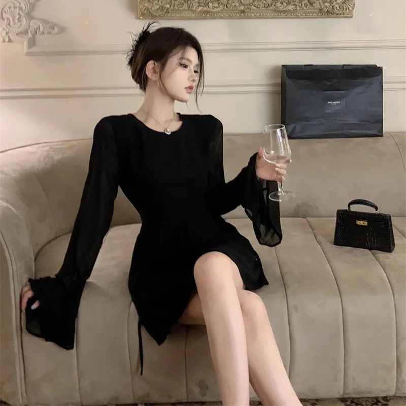 HOUZHOU Backless Black Short Dresses for Women Elegant Back Hollow Out Lace-up Long Sleeve Mesh Sheer Mini Evening Dress Summer