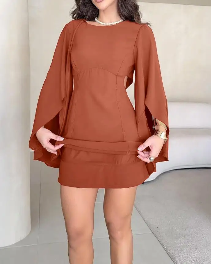 Women's Jumpsuit Round Neck Bell Sleeve Casual Backless Tied Detail Jumpsuit Simple Commuting Style Elegant Jumpsuit