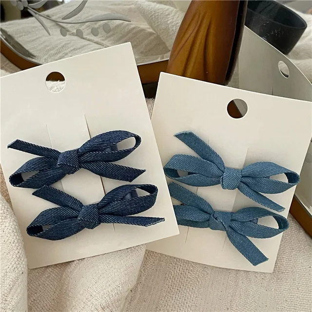 Moda osobowość Denim niebieska tkanina kokardka spinki do włosów para spinek do włosów boczne postrzępione włosy grzywka klip klips typu kaczy dziób nowość