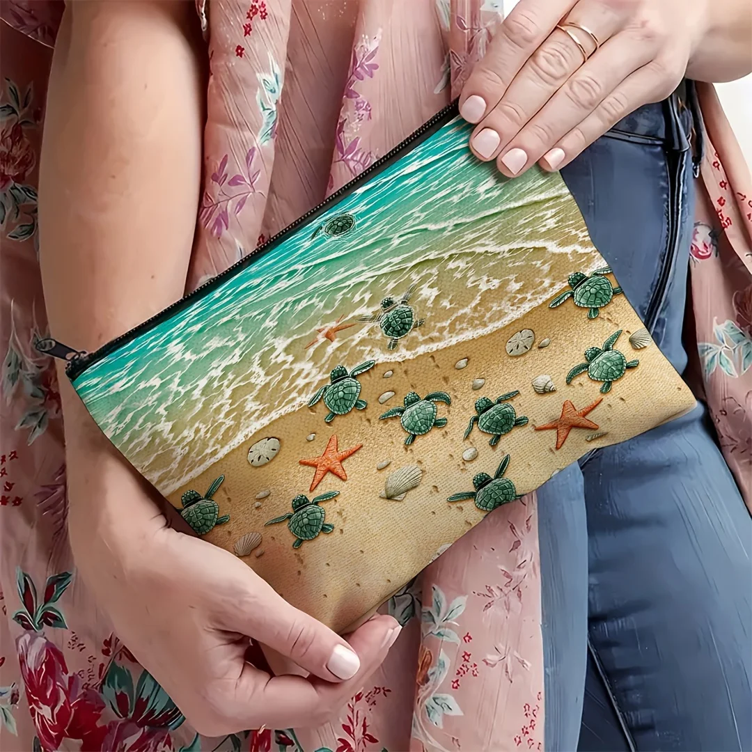 Vibrant Ocean-Inspired Cosmetic Bag - Spacious, Durable Polyester Makeup Pouch with Turtle & Star Design for Travel, Vacation