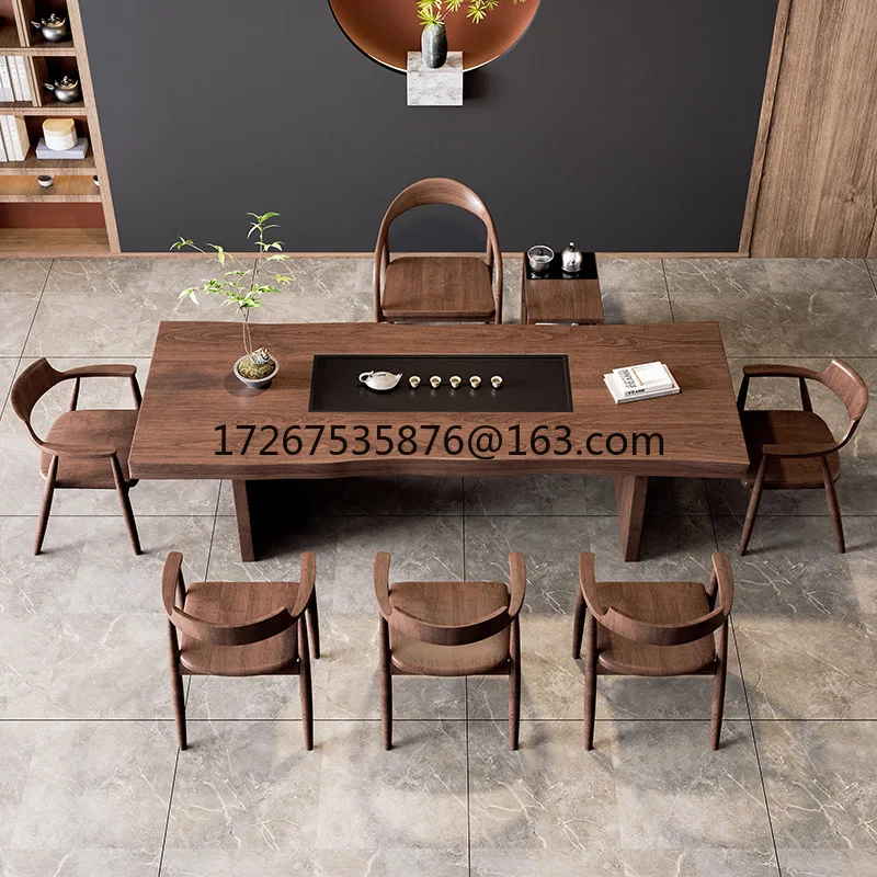 

Solid wood large board tea table, tea tray integrated tea table table and chairs, simple office reception table and chairs