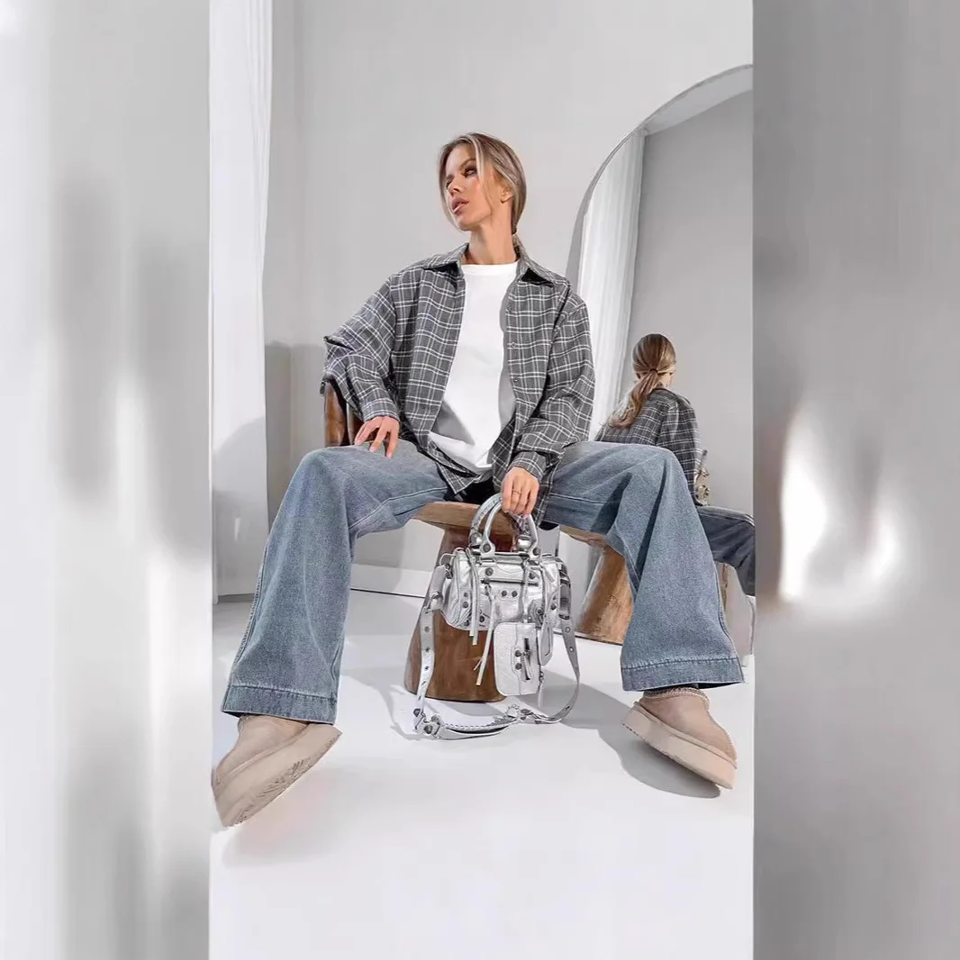 Chic Street Style Gray Plaid Shirts Elegant Women Long Sleeve Vintage Oversize Blouses Tops Spring Female Checked