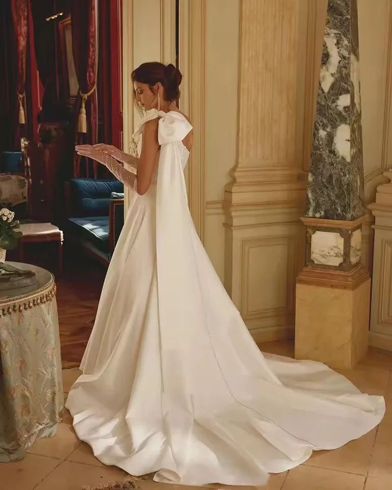 エレガントなワンショルダーサテンのウェディングドレス大きなリボン A ラインプリンセスブライダルドレスベストウェディングボールドレスカスタマイズ