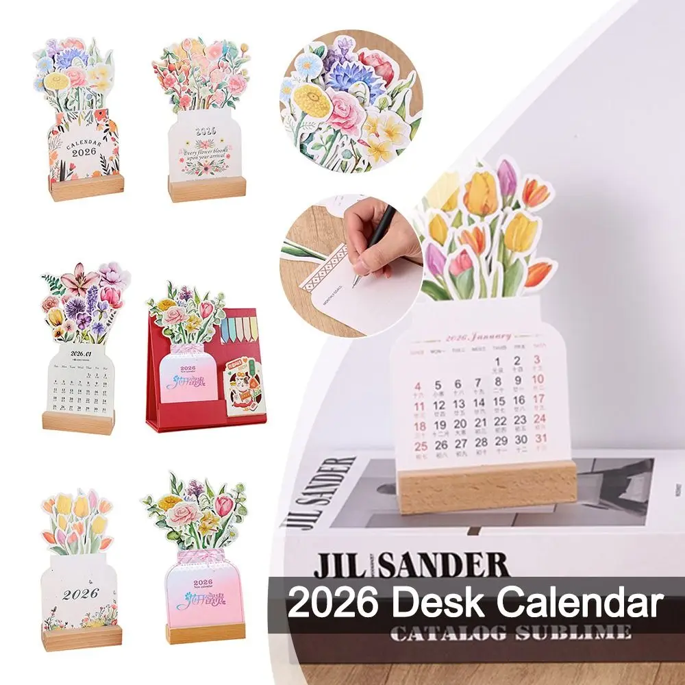 

Wooden Base 2026 Desktop Calendar Vase Shaped Detachable Base Monthly Planner Floral Theme DIY Standing Calendar for New Year