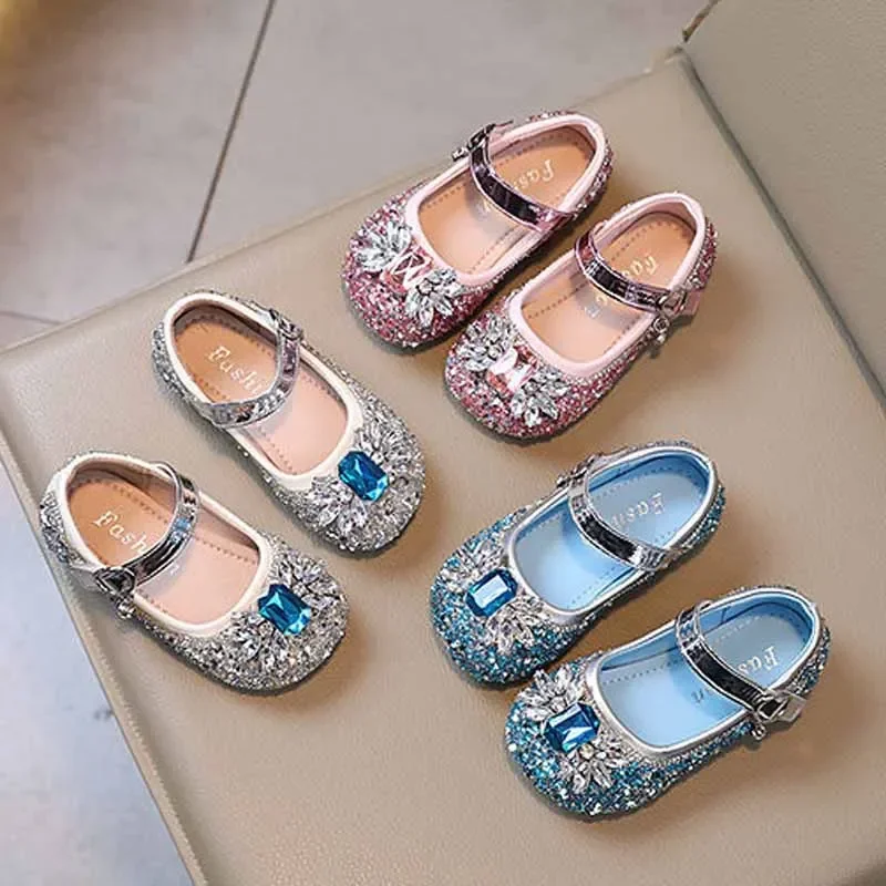 Girl\'s Fashion Princess Shoes Crystal Shoes Bow Girl Kindergarten Flat Shoes Baby Soft Sole Princess Elsa Trend Single Shoes