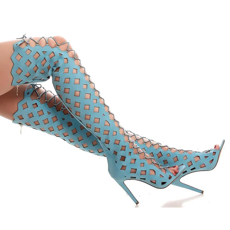 Sexy  Geomatric Hollow Cross tie Thigh Boots Female High Heel Peep Toe Gladiator Summer Fashion Blue Red Women Over Knee Boots