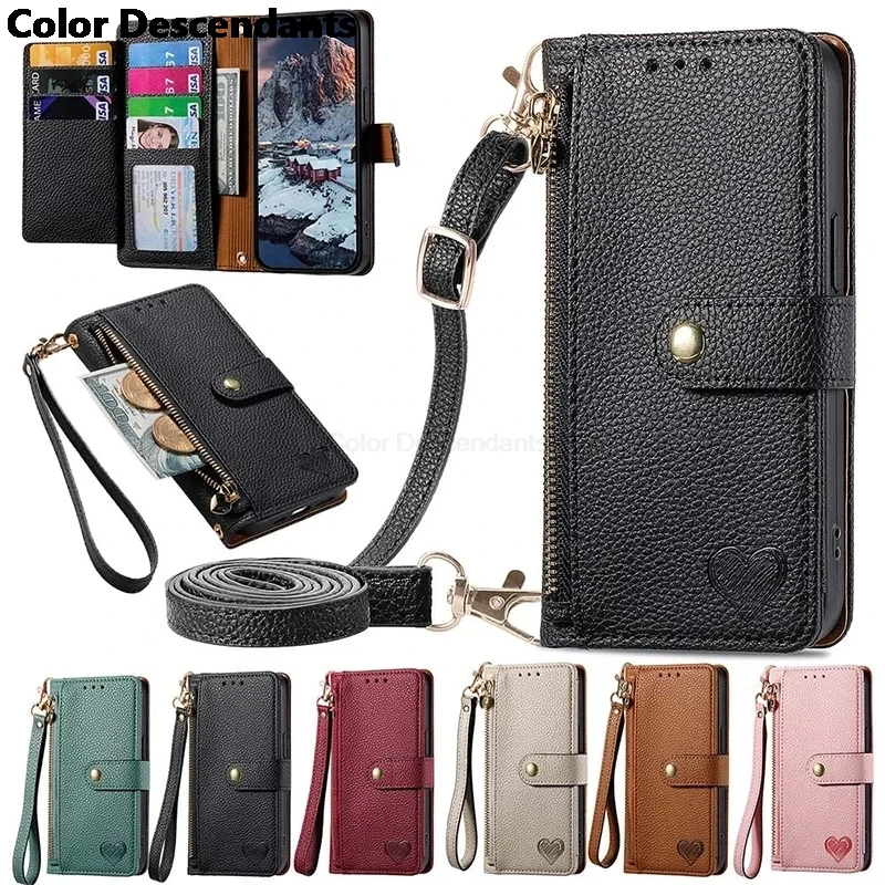 Lanyard Zipper Leather Wallet Anti-theft Case For Oneplus 9 9R 9RT 10 Pro 10T 11 11R 1+Nord N100 N200 N300 N30 Wrist Strap Cover