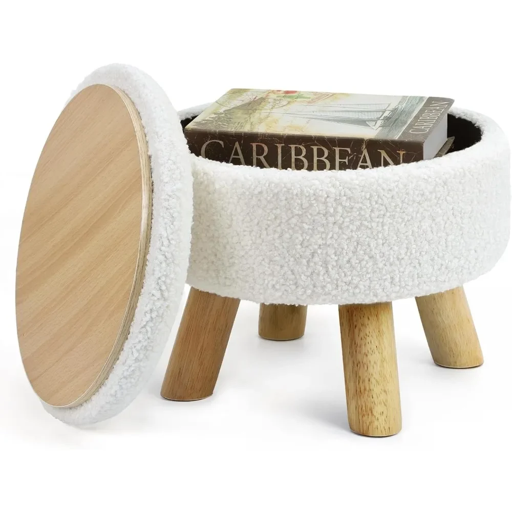 

Storage ottoman, round ottoman with storage space, teddy velvet ottoman with wooden legs, soft sponge ottoman in the living room