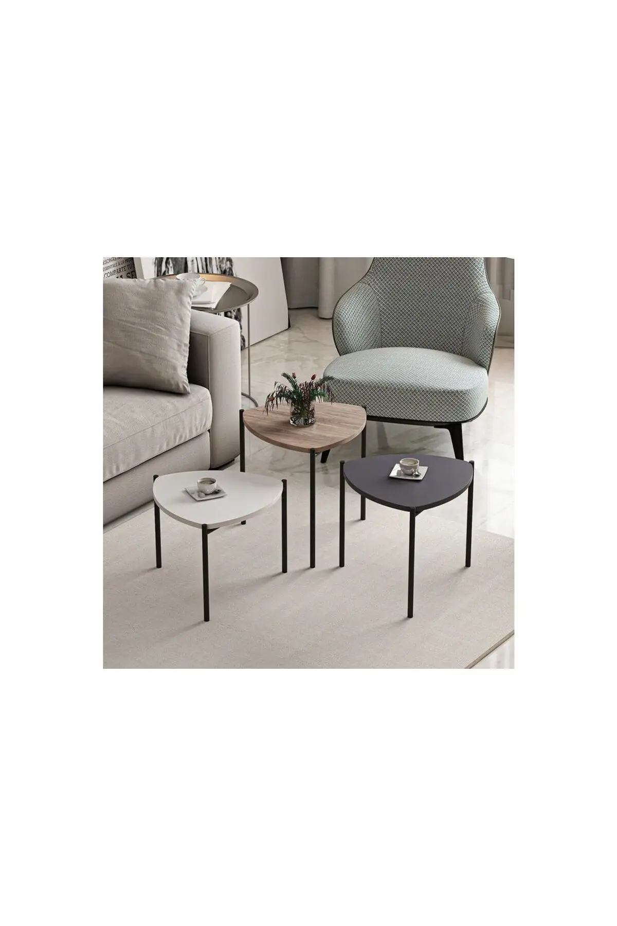 Nesting Coffee Table with 3 Metal Legs White Black Brown European Coffee Table Modern Stylish Side Low Sofa Coffee Table