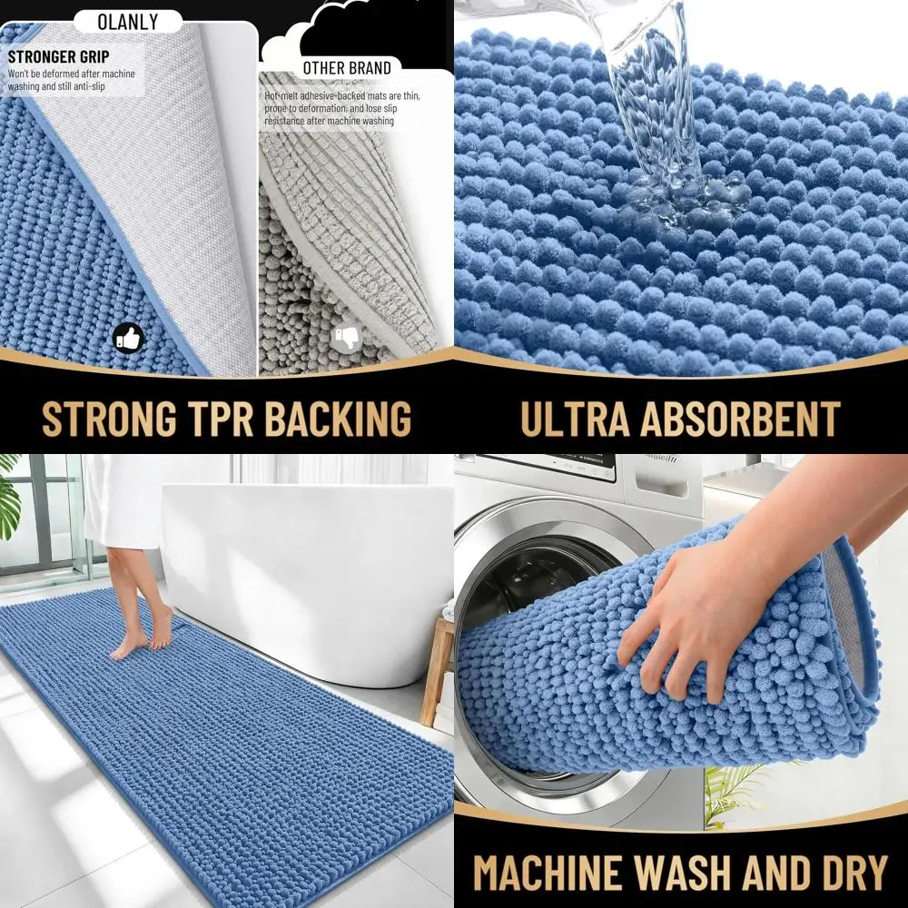 

Мягкие коврики для ванной из шенилла 59x24 см с резиновой подложкой, впитывающие, моющиеся, идеально подходят для ванны и душа, синие