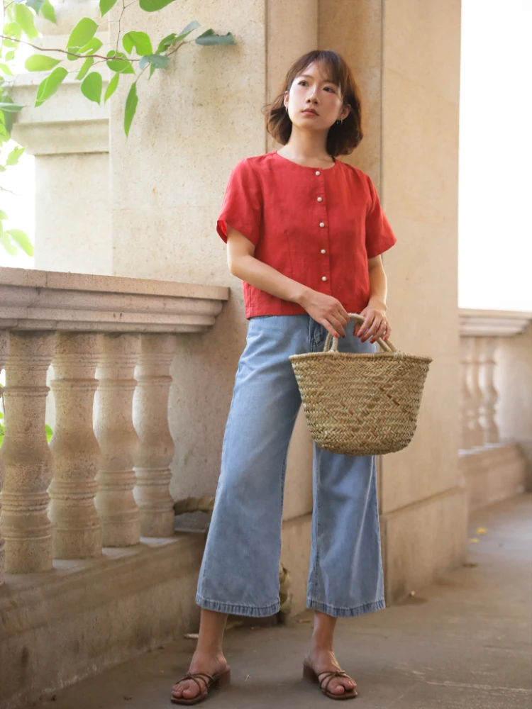 

Ohmyloli Retro Red round Ne Mixed Hemp ort Sve irt Tight Trim oulder Button up Women's Busin Casual Pure Color ...