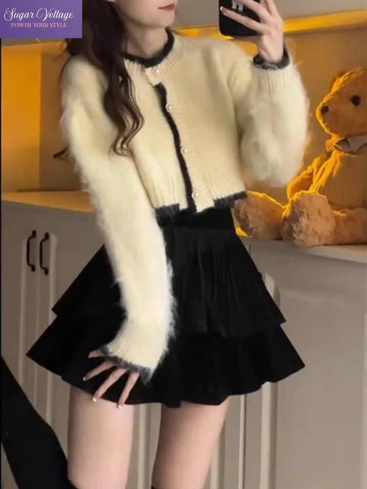 

Корейский модный элегантный комплект из 2 предметов, женский тонкий плюшевый свитер с жемчужными пуговицами + плиссированная юбка с высокой талией, французский повседневный винтажный наряд