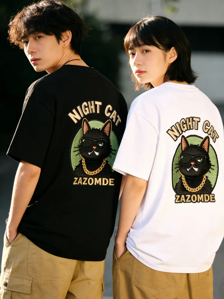 

ZAZOMDE Funny Cartoon Black Cat Printed Short Sleeve Tshirt 100 Percent Cotton Breathable Daily Wear Comfortable Tee Shirt