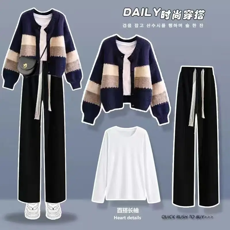 Leisure professional suit women's suit 2024 new sweet style outfit with knitted sweater and wide leg pants three piece set