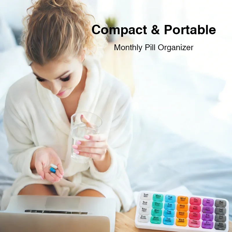 Weekly Pill Organizer 7 Day 4 Times a Day, Large Capacity Detachable Pill Box with AM PM Night Backup, Rainbow Color Coded Trave
