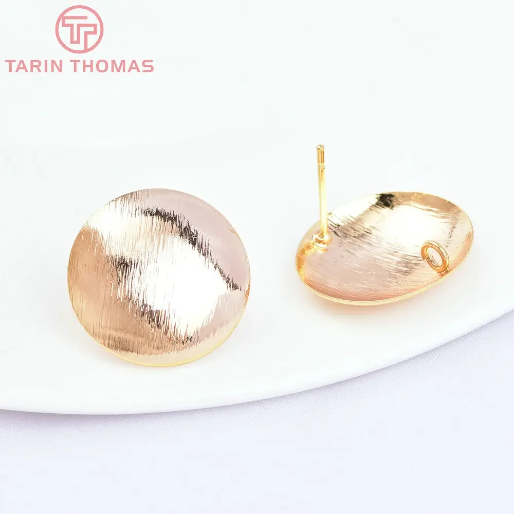 (2381) 6PCS 18MM 24K Gold Color Brass Striped Arc Surface Round Stud Earrings Pins High Quality Jewelry Findings Accessories