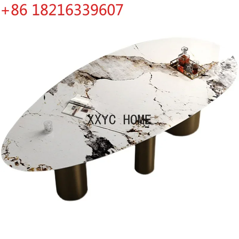 Imported Stone Plate Dining Tables and Chairs Set Modern Minimalist Villa Shaped Oval Dining Table furniture