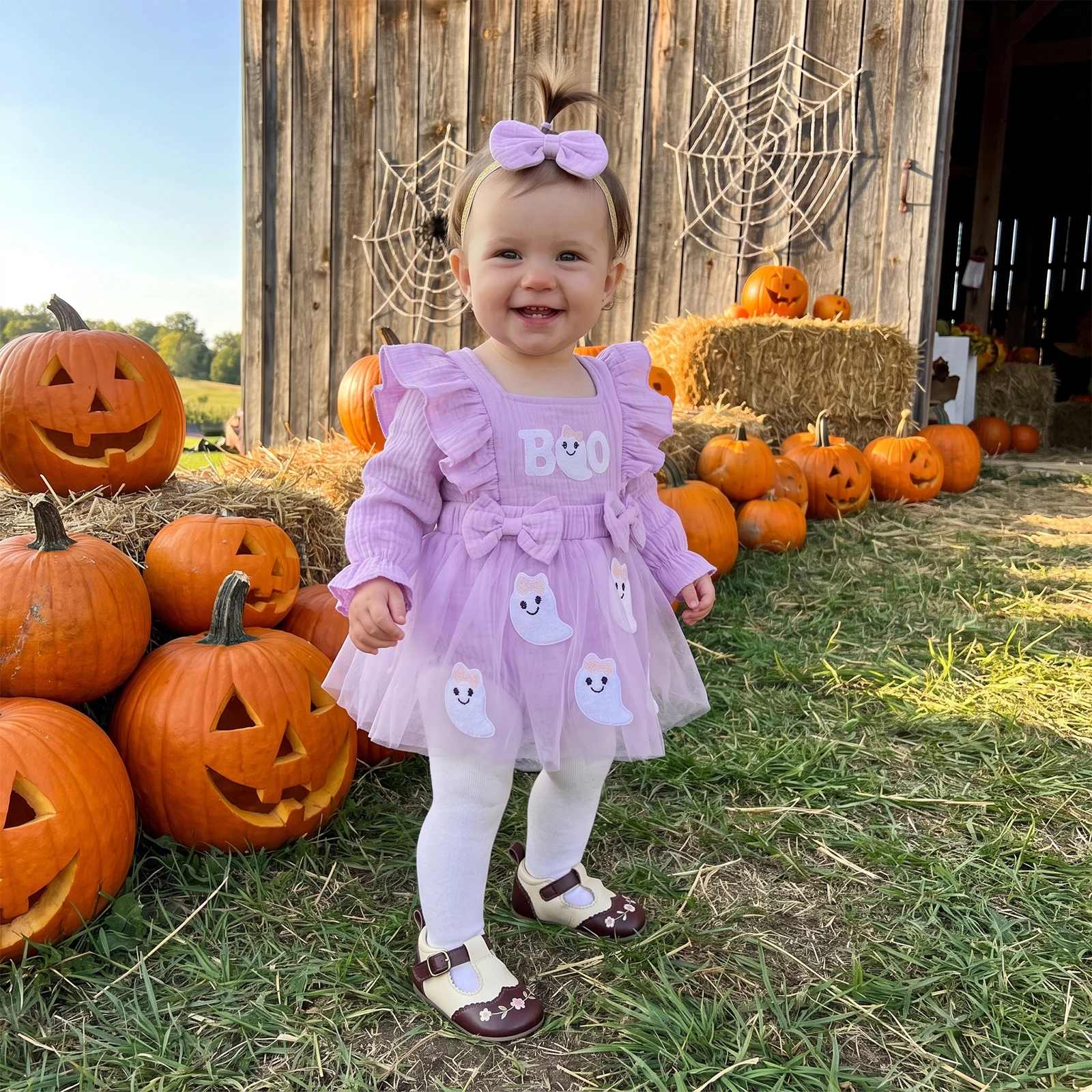 My First Halloween Baby Girl Outfit Baby Pumpkin Romper Headband Ruffle Long Sleeve Square Neck Pumpkin/Ghost Romper Dress