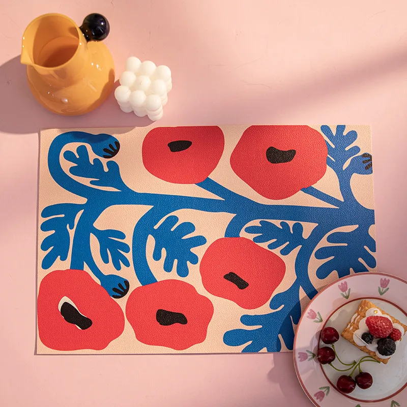VIKAMA Abstract Poppy Floral Placemat Red Flower Art Print Waterproof Non Slip Heat Resistant Dining Table Desk Pad