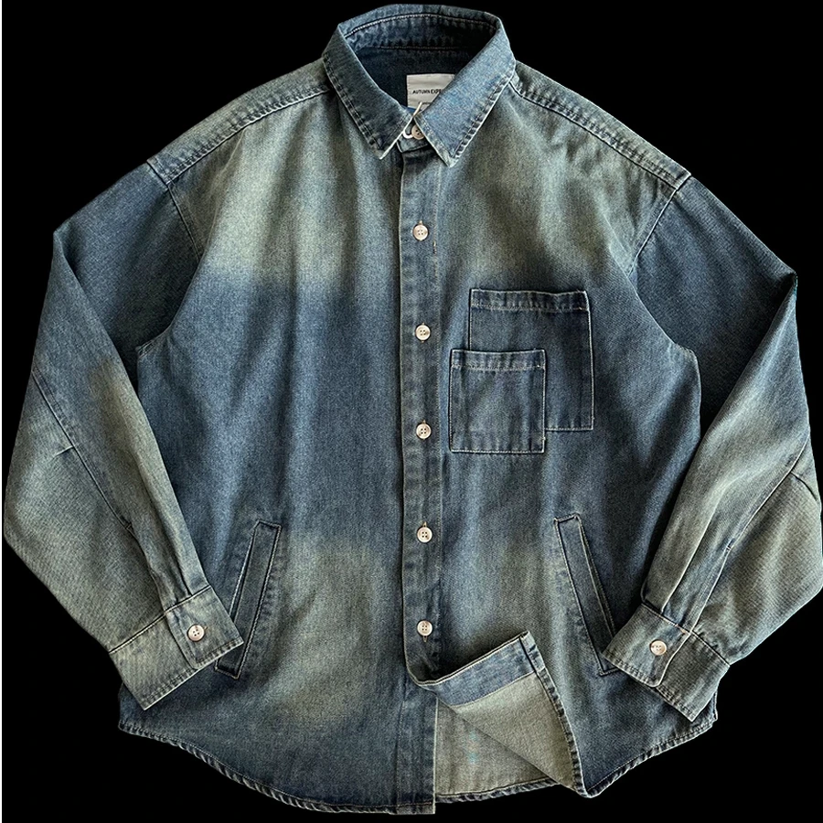 

Потрясающая американская джинсовая рубашка-куртка в стиле ретро, тяжелая мужская рубашка большого размера, модный цветной дизайн