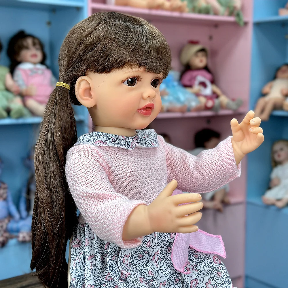 Muñeca Reborn Girl de vinilo de 22", edición coleccionable, expresión linda, cola de caballo larga y recta negra, vestido de princesa floral, poseable