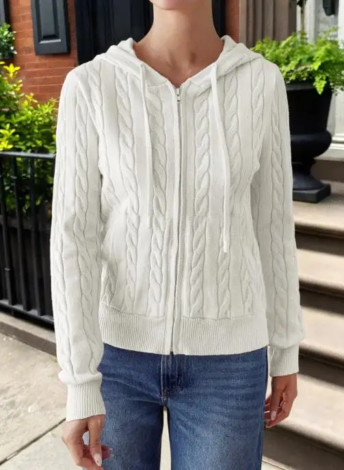

Autumn and Winter 2025 Solid Color Hooded Long Sleeved Knitted Jacket for Women's Casual,simple, Slim Fit, Lace Up Zipper Jacket