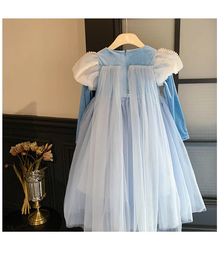 Kid Girl Light Blue Dress for Children Embellished Puff Sleeves Snowflake Embroidery on The Bodice Layered Sparkling Tulle Skirt