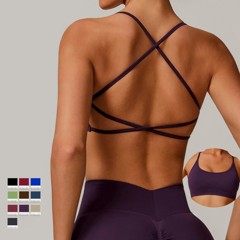 SHINBENE Women's Sports Bra Backless Strappy Seamless Padded Workout Running Yoga Crop Tank Top
