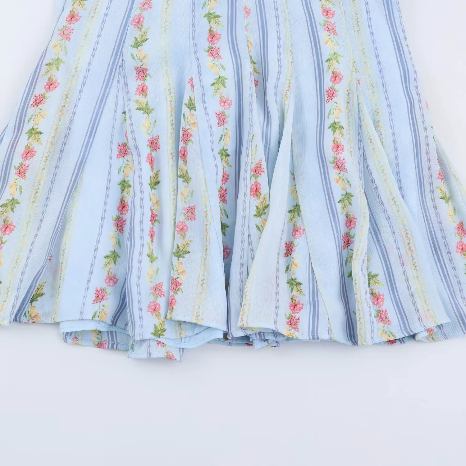 BSAY Vintage Blumenmuster Gestreiftes Neckholder-Kleid für Damen mit Rüschenbesatz, Schlüsselloch-Ausschnitt, ärmellos, ausgestelltes Minikleid, Strand- und Urlaubsoutfit – Detail 5