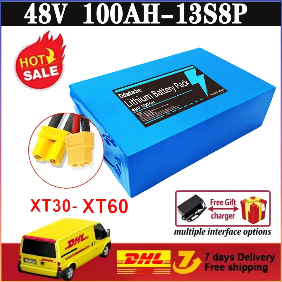 48V 100ah 13s8p Lithium-Ionen-Akku, 48V 10000mAh 2000W Elektroakku, integriertes 50A BMS + R18650% Ladegerät, Original-Akku