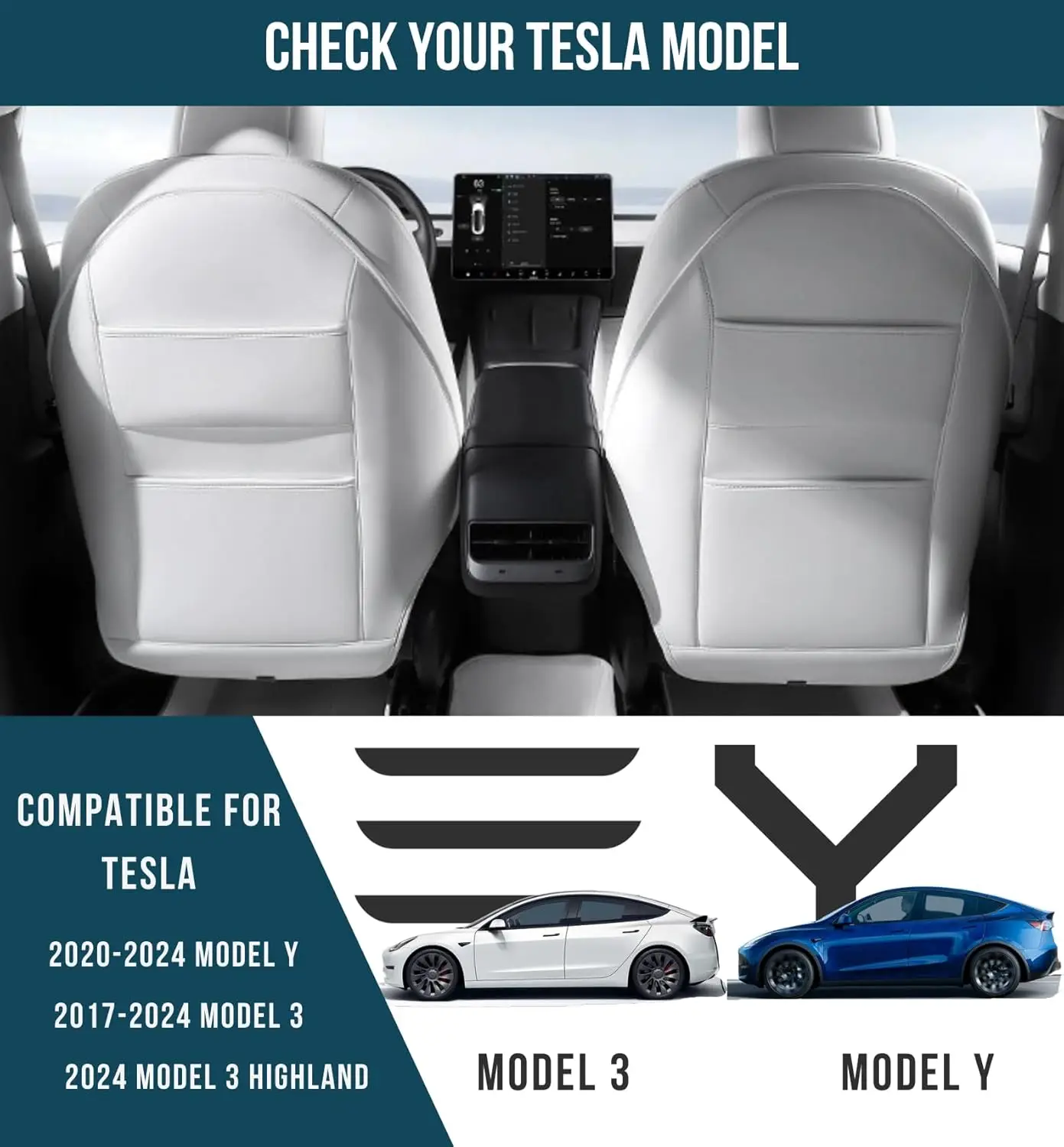 For Tesla Model 3 Highland Model Y Leather Seat Back Seat Cover Kick Protector Mats Dual-Level Extra Organizer 2021-2024