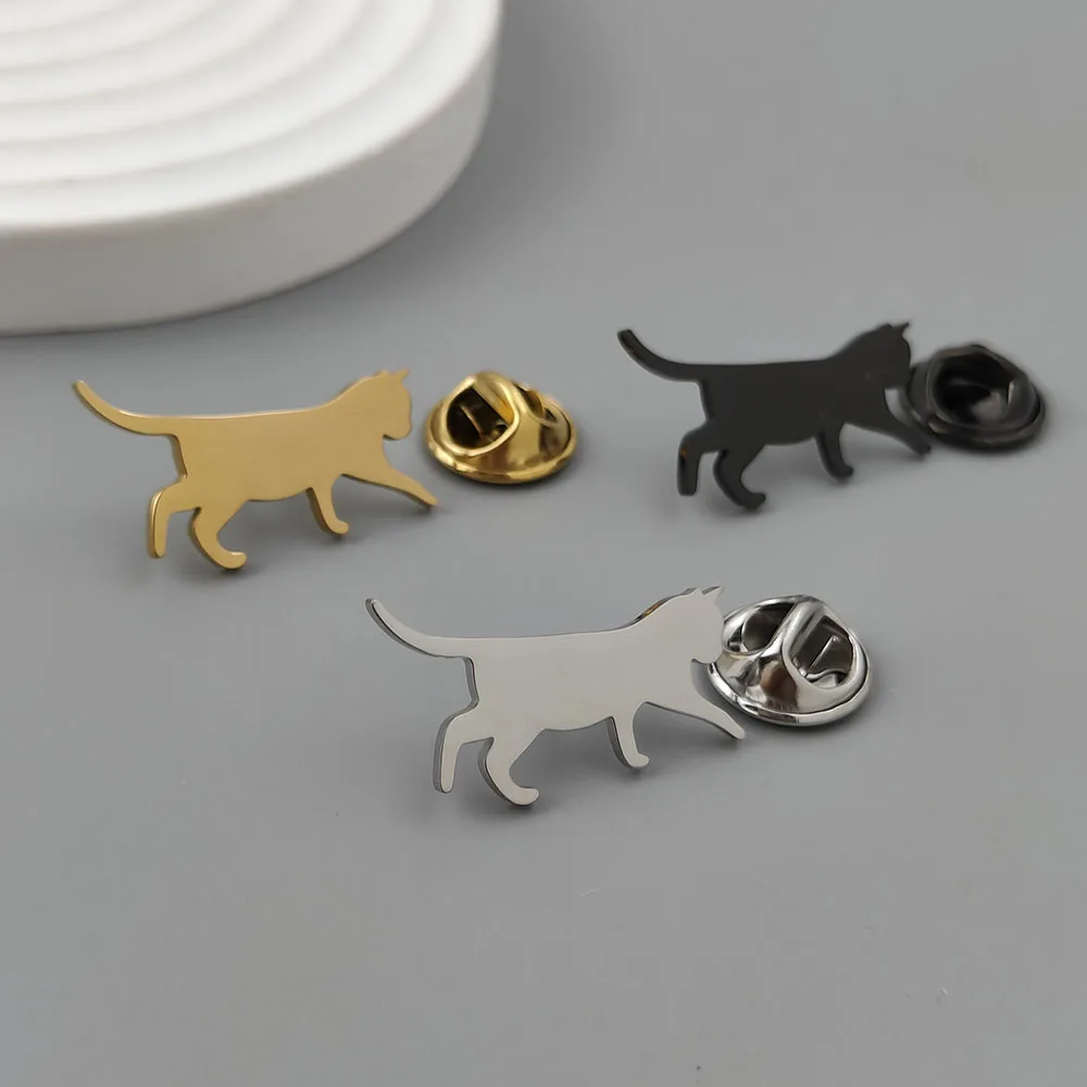 316L Stainless Steel Plated 18K Gold Walking Cat Brooch Lapel Pin Animal Nature Suit Backpack Unisex Metal Jewelry Gift