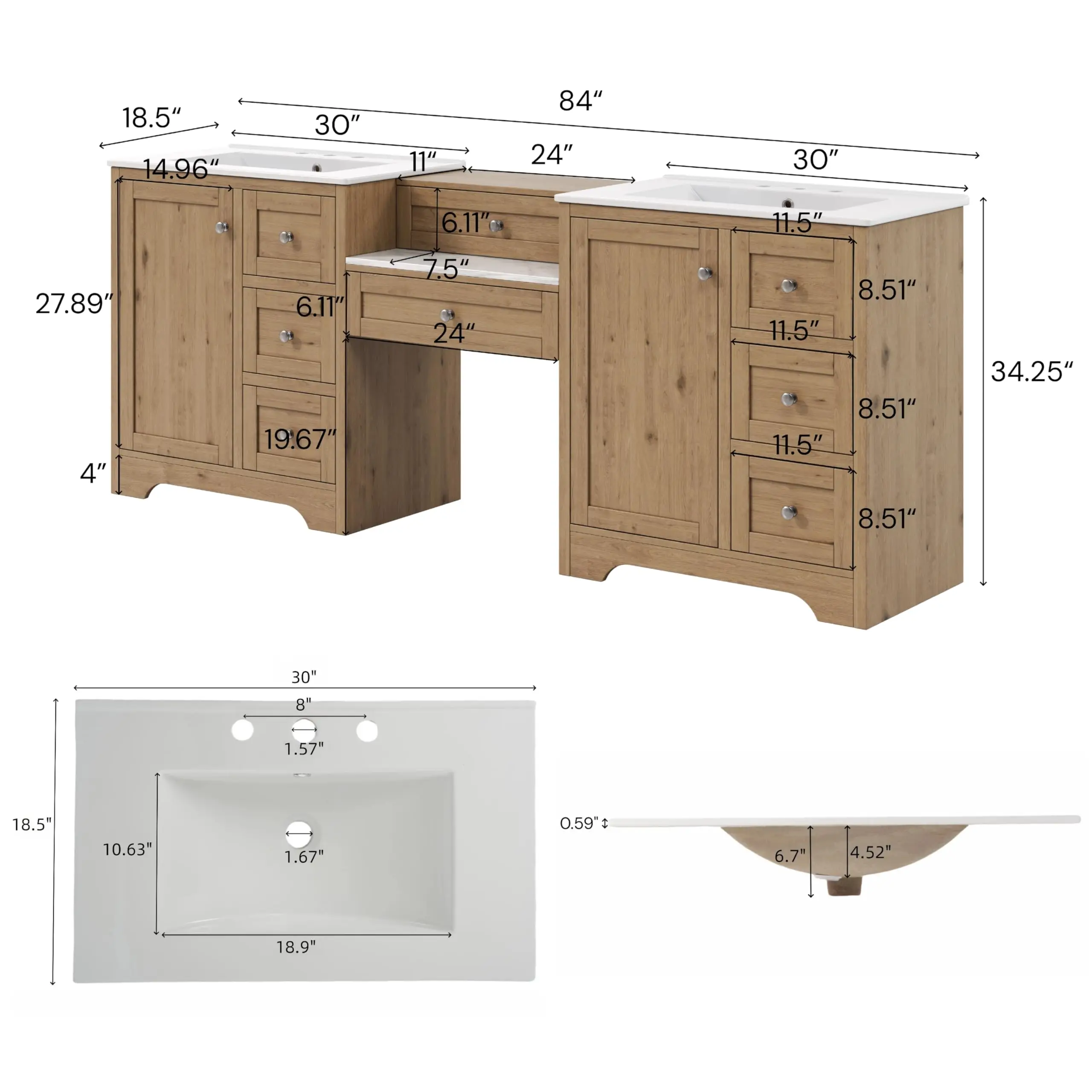 84 Inch Bathroom Vanity with Double Sinks and 24