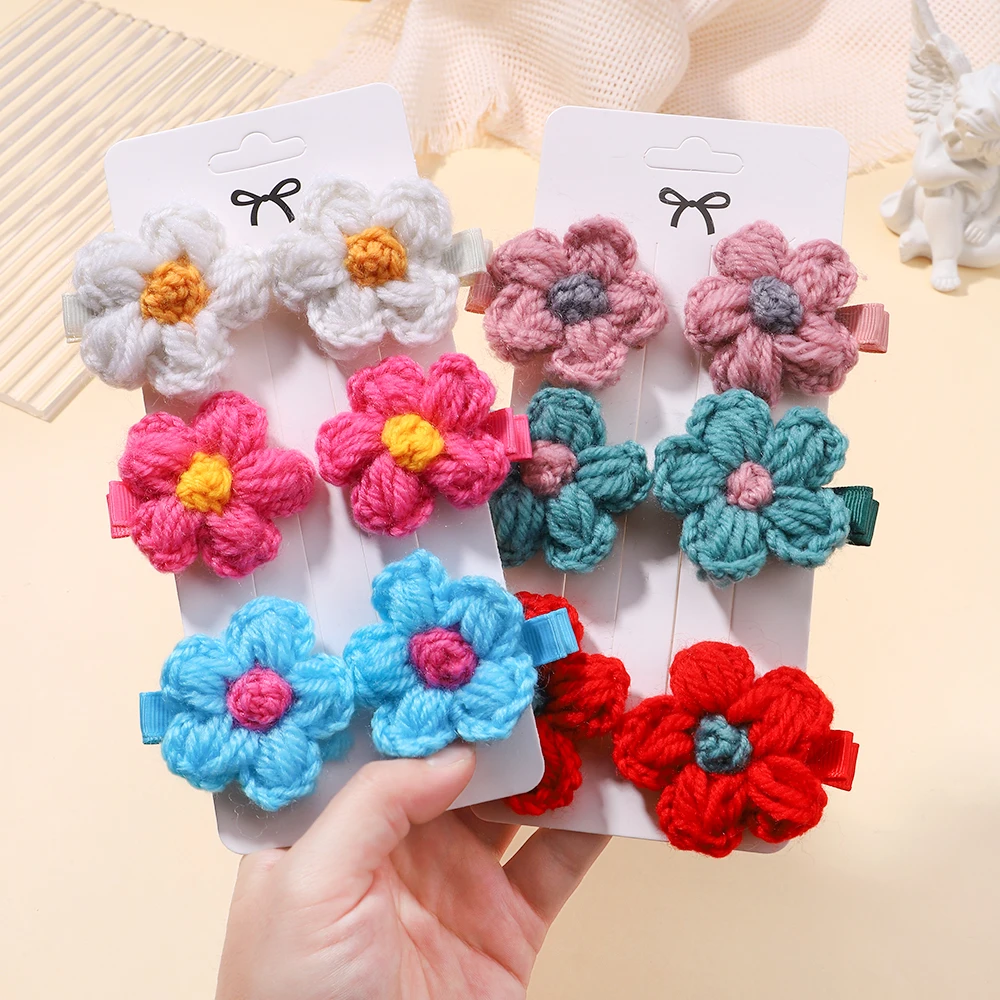 6pcs/set Baby Girls Flower Hairclips Wool Knitting Headwear Handmade Crochet Small Puff Kids Hairpins Cute Baby Hair Accessories