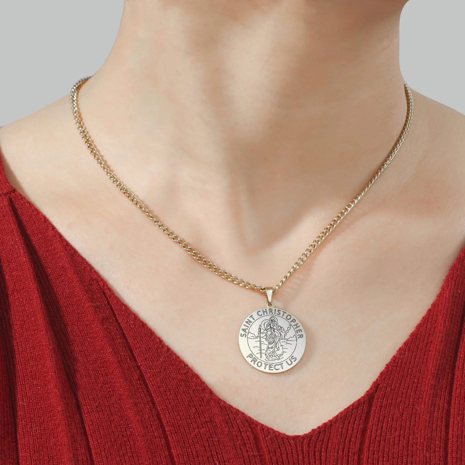 Dawapara Saint Christopher Medaille Halskette Jesus Truet In Sie Amulett Katholischen Schmuck Reisende Fahrer Geschenke Edelstahl – Detail 4
