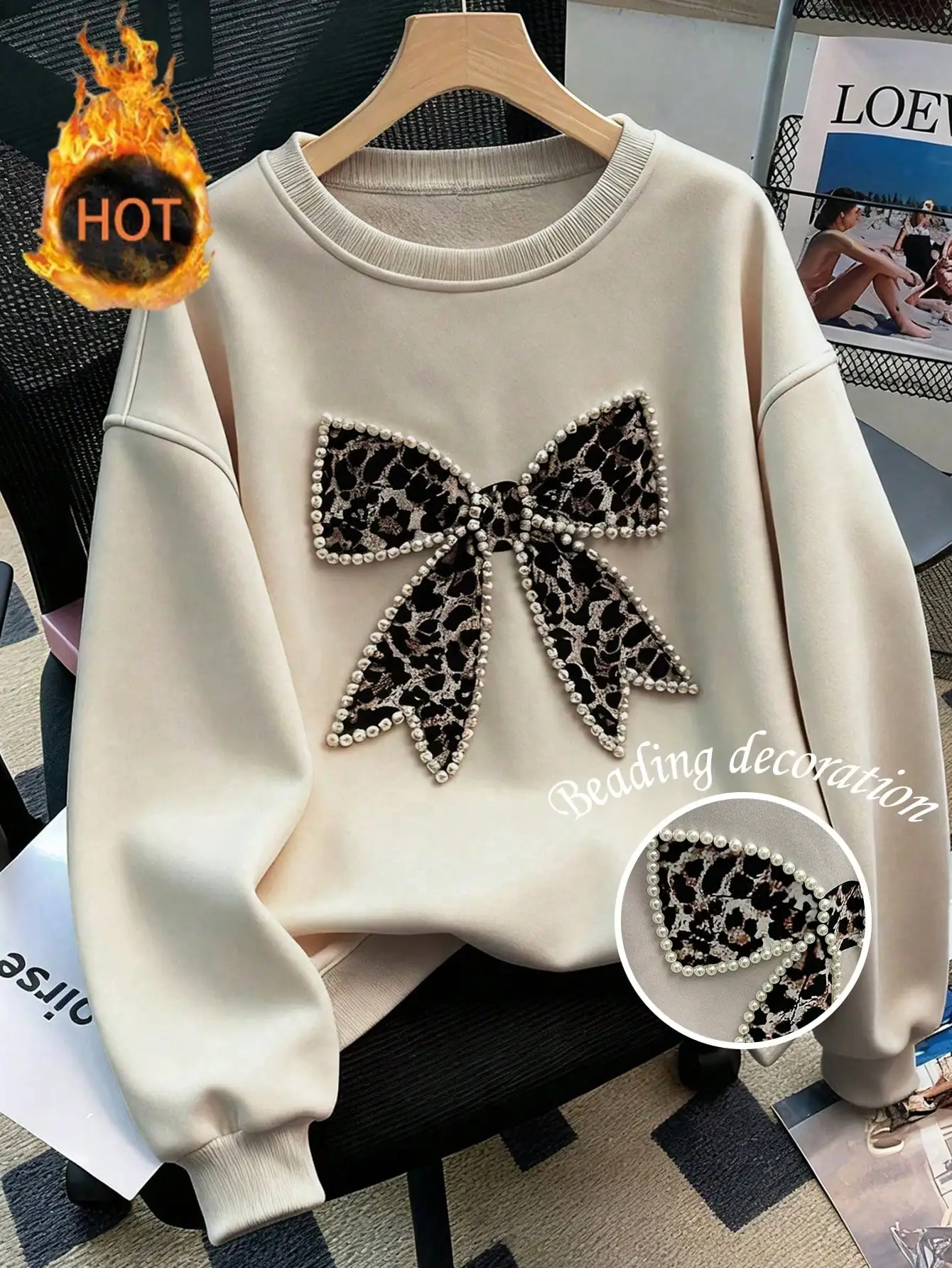 

Women's Leopard Bow Beaded Sweatshirt, Loose Fit Crew Neck Winter Top