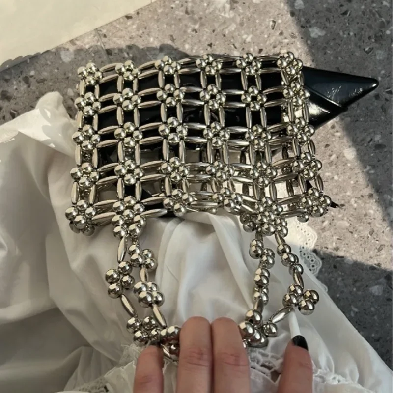 2024 New Ins High Grade Woven Women's Bags Fashionable Sweet Pearl Handheld Small Square Bag Spring Summer Versatile Handbag