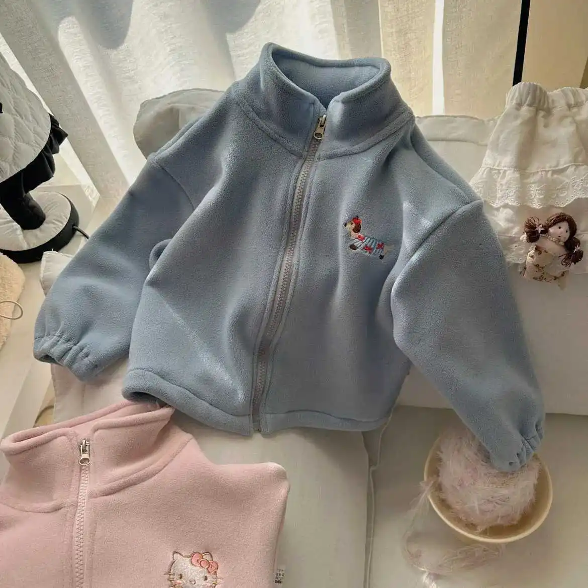 New Autumn Winter Children Girls Fleece Jacket Baby Cartoon Hello Kitty Warm Thickened Zipper Outwear Kids Clothes Cardigan Tops