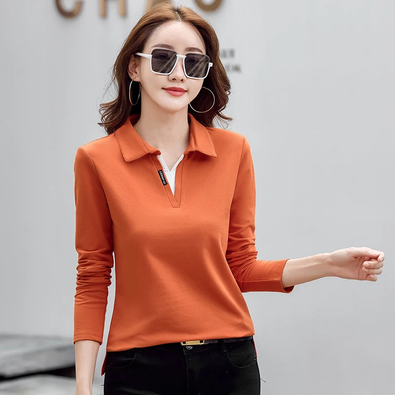 Korean Autumn Woman Polo Neck Shirt Cotton Solid Color Long Sleeve T-Shirt Patchwork Women’s Polo Shirts For Women 2024