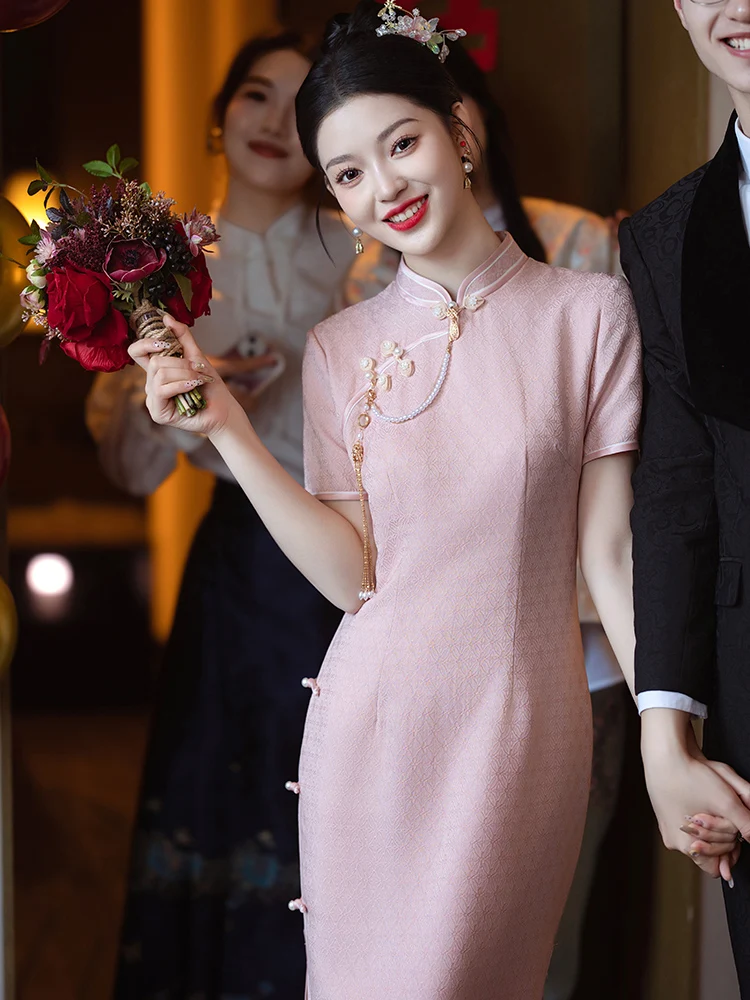 

New Chinese Style Engagement Ceremony Dress Pink Wedding Gown mid Waist Zipper Design Vintage A-Line Skirt