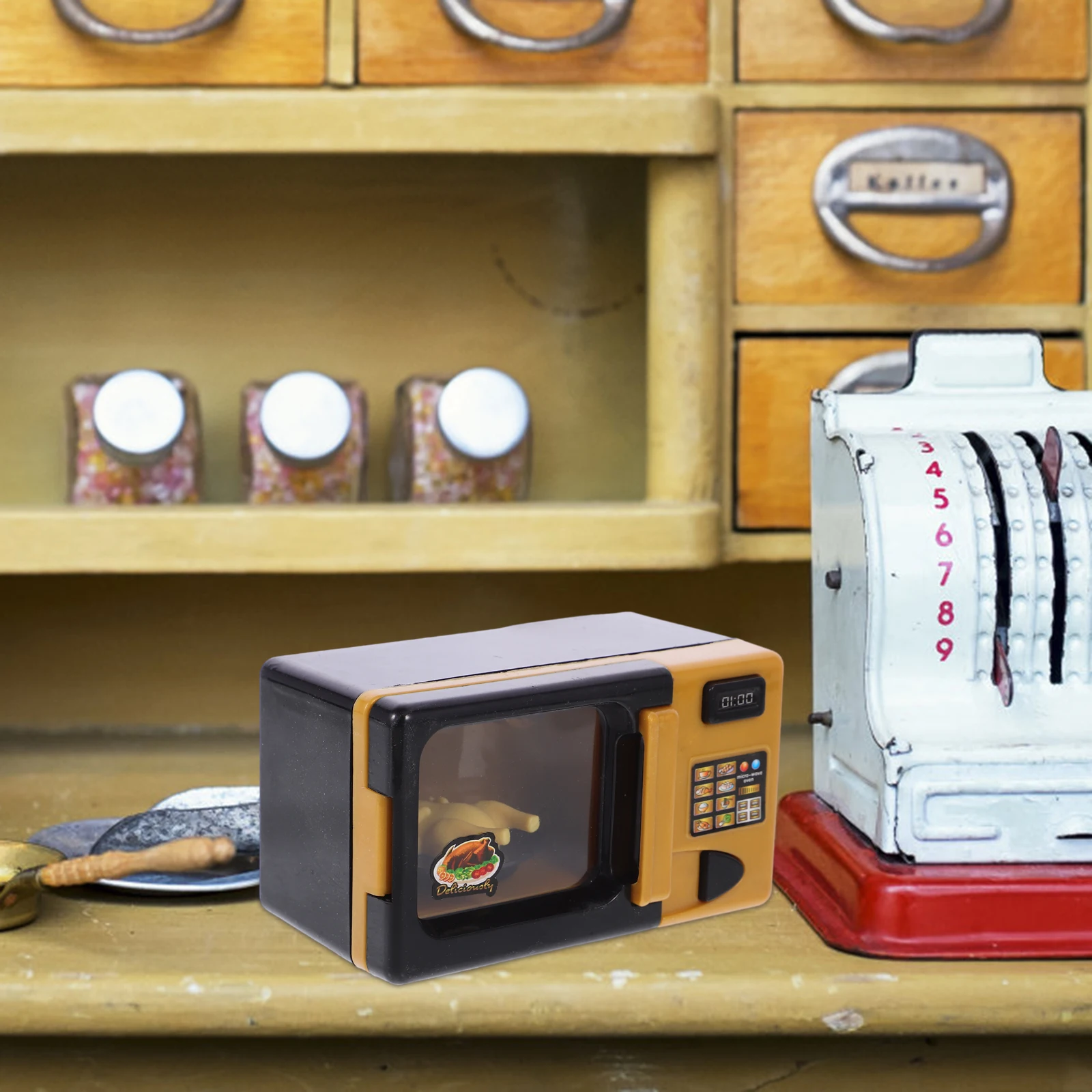 لعبة ميكروويف صغيرة ذهبية صغيرة لفرن الميكروويف البلاستيكي للأطفال أجهزة المطبخ سلسة وآمنة وممتعة للتطوير المعرفي