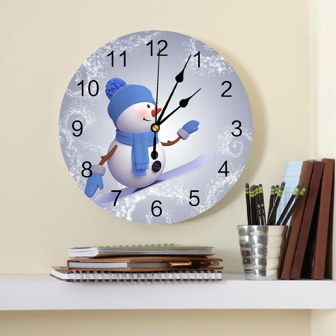 Christmas Snowman Skateboard Cartoon Round Wall Clocks Desktop Digital Clock Non-ticking Creative Childrens Room Wall Watch