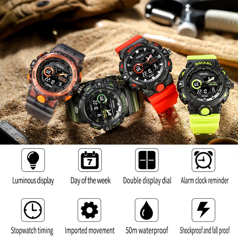 New Men Watch Sports 50M Waterproof Dual Time Digital Analog Clock 8081 Stopwatch Week Display Casual Wristwatches Sport Watches