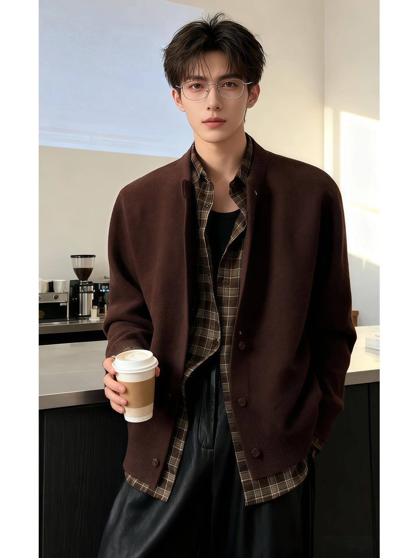 

Caramel Plaid Splice Open Cardigan Sweater Men's Sle Layered Knitted irt American Retro Lazy Coat Fake Two-Piece Design