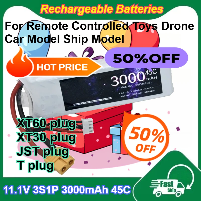 

11.1V 3S1P 3000mAh Rechargeable LiPo Battery 45C Magnification for Remote Controlled Toys Drone Car Model Ship Model Batteries