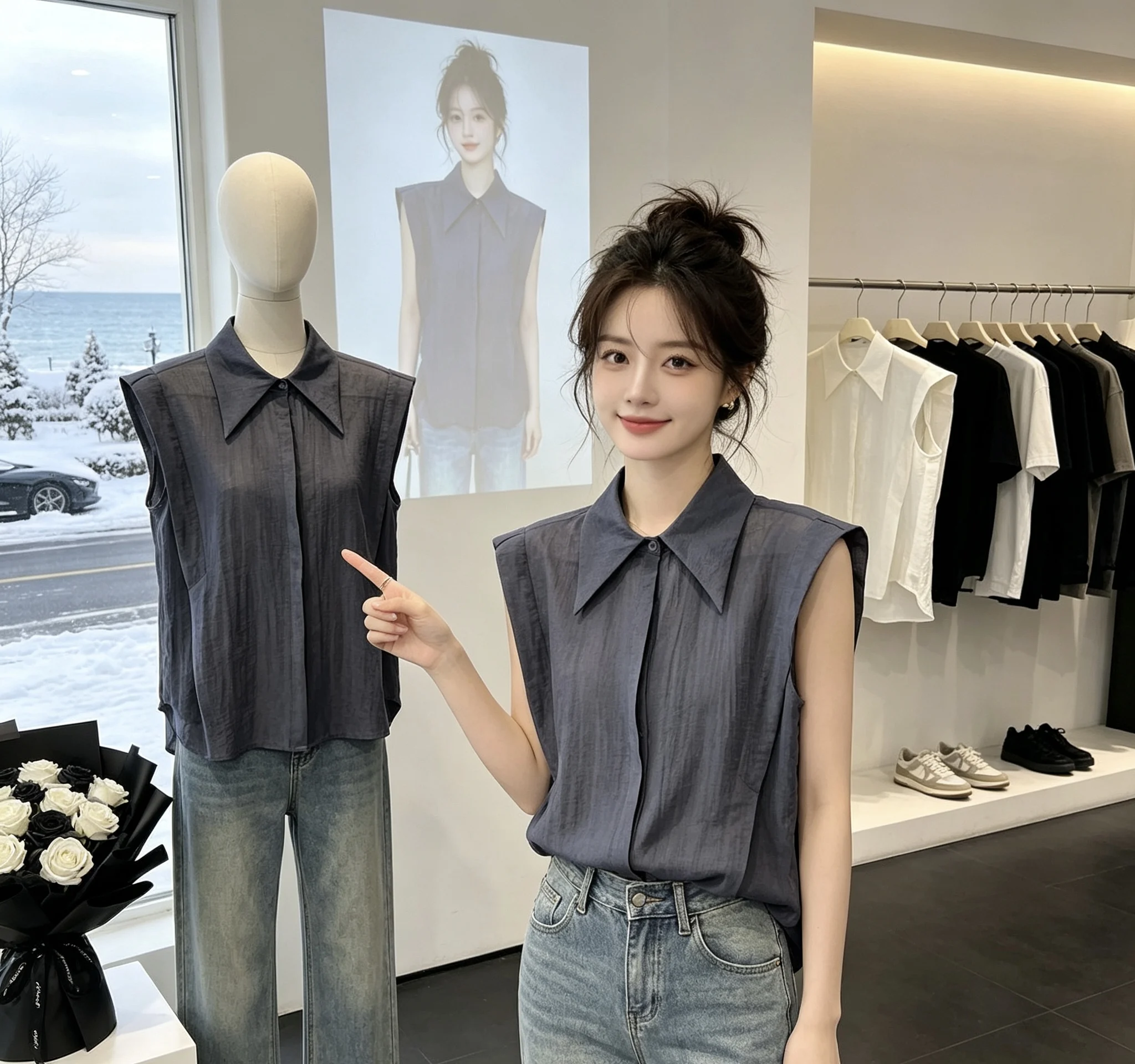 

Pure Color Sleeveless Shirt Summer New Loose Slimming Breathable Lightweight Women's Top Comfortable Polyester Material