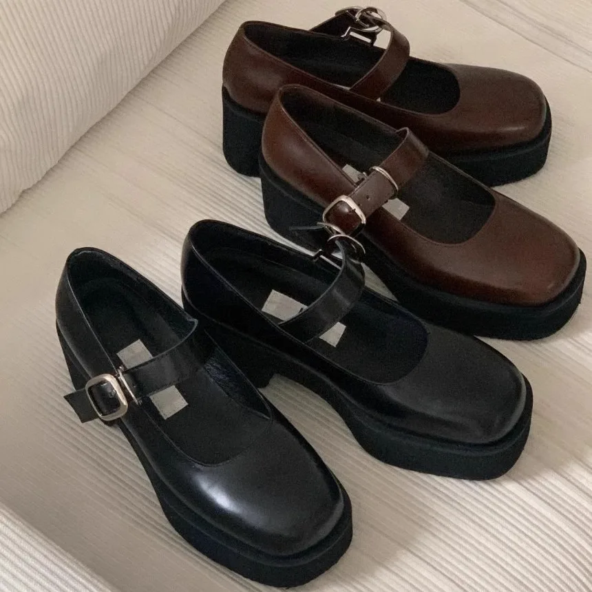 

British Retro Thick Bottom Shallow Strap Mary Jane Soft Leather Comfortable Buckle Square Toe High Heels Platform Women Shoes