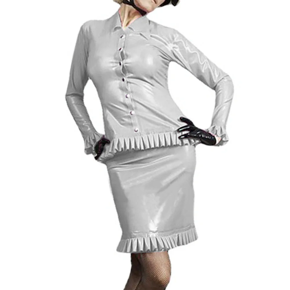 Shiny PVC Leather Button Shirt Top and Mini Skirt Two-Piece Suit, Long Sleeve Blouse, Dress Set with Frills, High Waist, Elegant