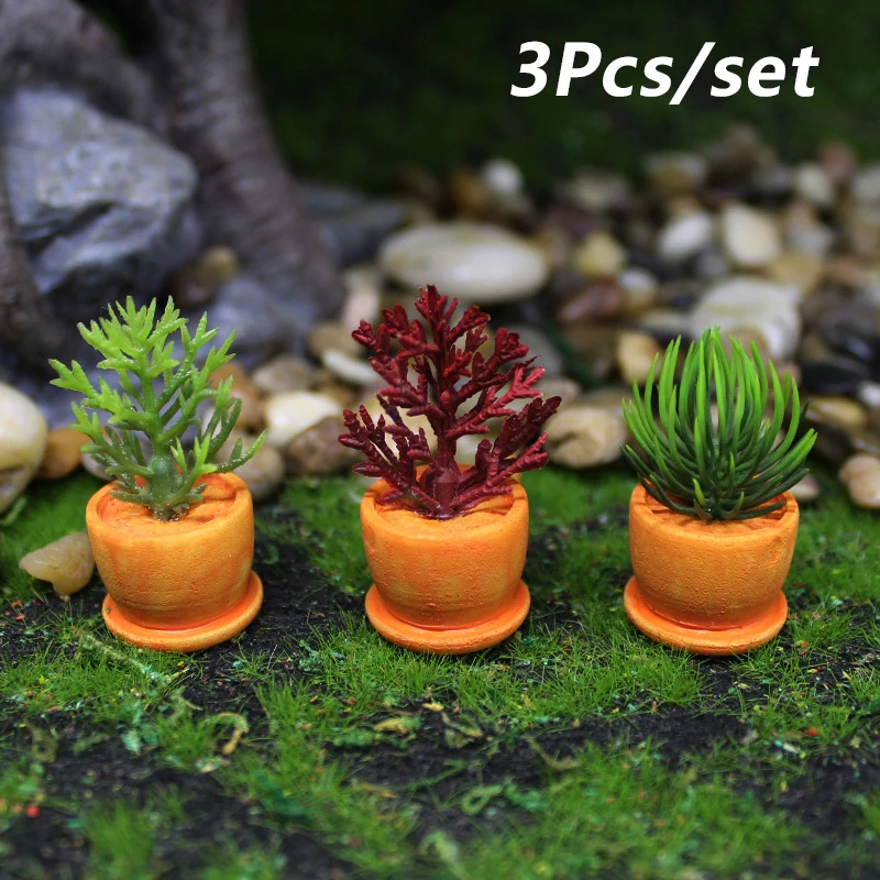 3Pcs/set 1:12 Dollhouse Miniature Green Potted Plants Mini Flower Pot Succulents Potted Home Micro Landscape Garden Model Decor