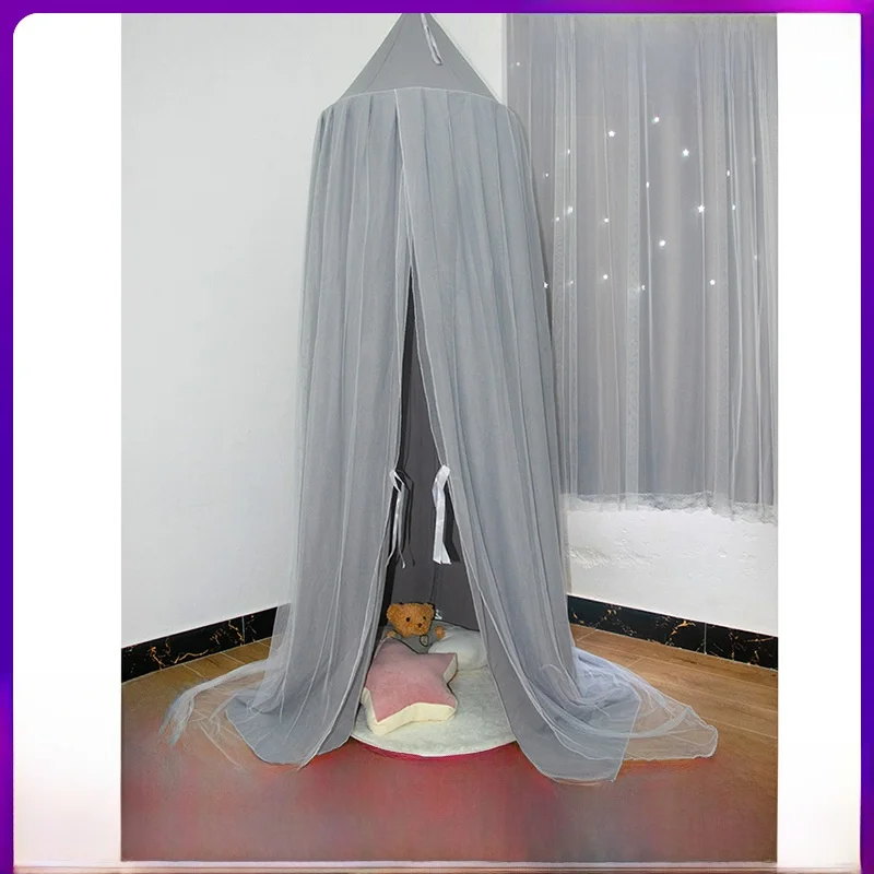

New No-Install Elastic Fabric Light Blocking Mosquito Net Canopy Bed Curtain round Top Hanging for Children Bedroom Decoration